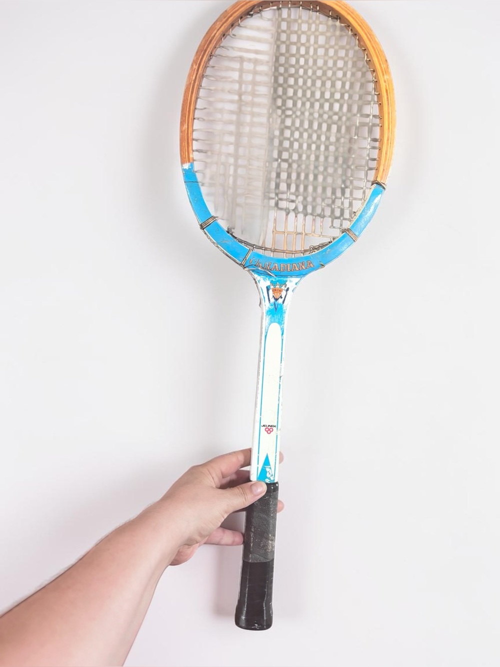 Vintage Canadiana Wooden Tennis Racket Jelinek Blue White Racquet